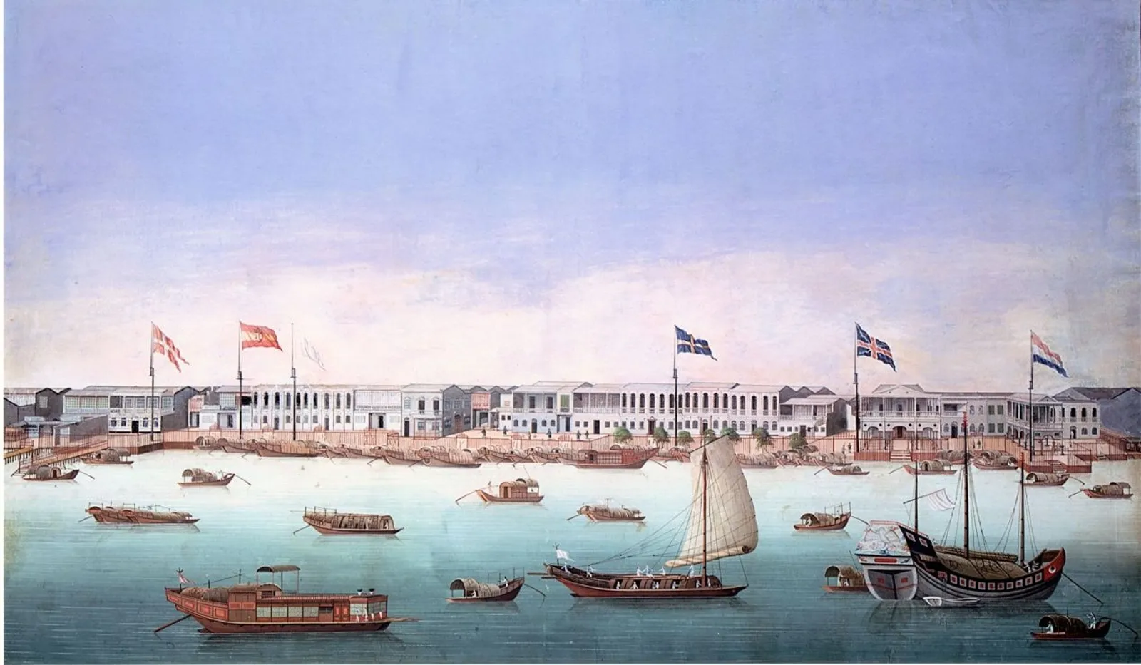 Chinese artist, c.1794 (77-59) Canton: the Western ‘hongs’ or ‘Factories’ Gouache, 18 x 29 1/2 ins