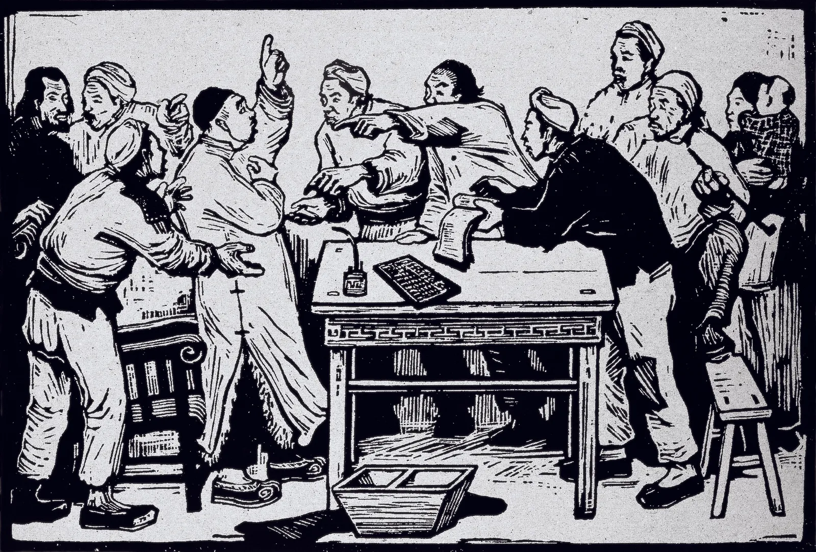 Figure 1. Gu Yuan, Rent Reduction Meeting, 1943, woodcut, 13.5×20 cm.